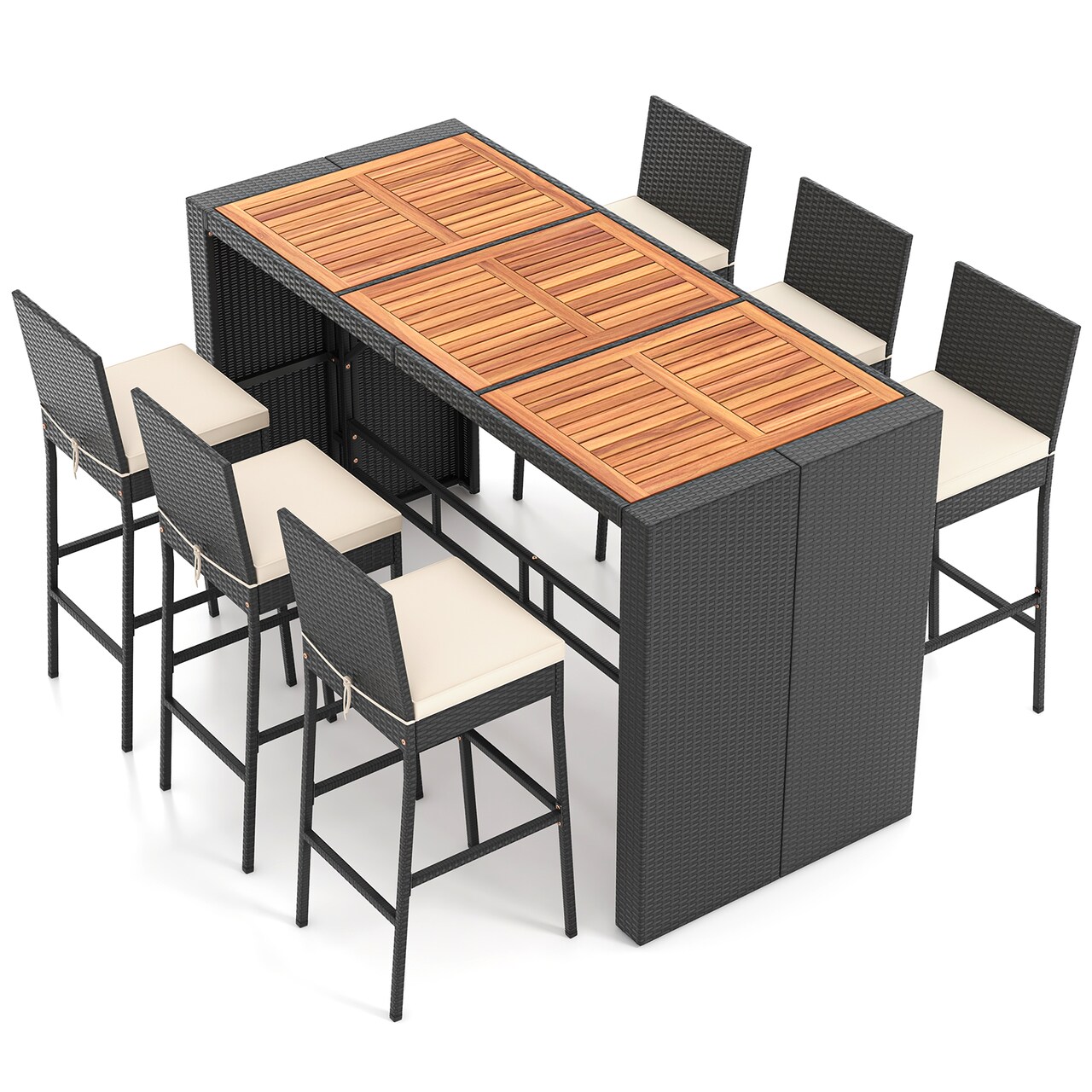7 Pieces Acacia Wood Patio Rattan Bar Set with Comfortable Footrest and Backrest